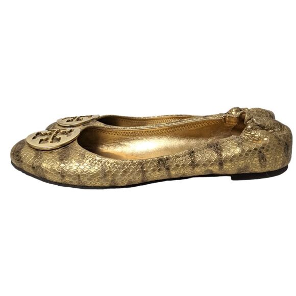 TORY BURCH Reva Gold Snakeskin Print Leather Ballet Flats 11 - Picture 4 of 11